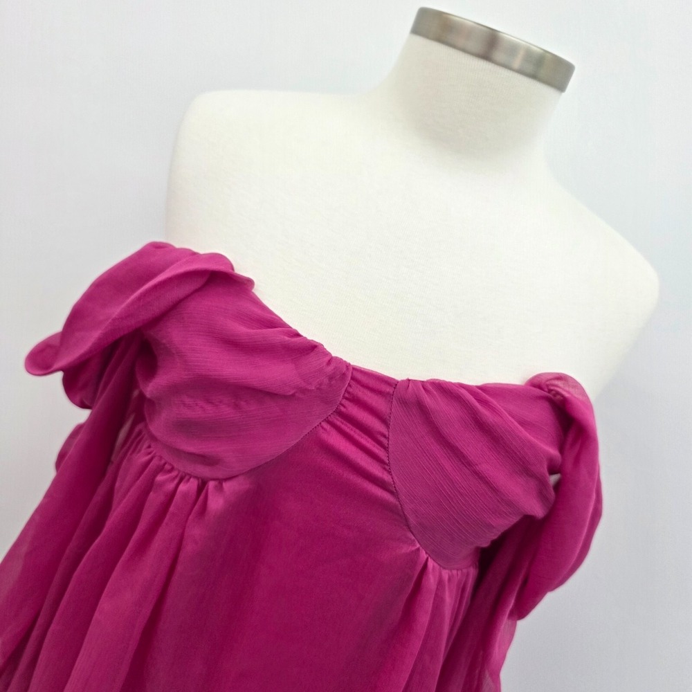 Lulus Womens S Fuchsia Off Shoulder Chiffon Babydoll Dress Sheer Sleeve Romantic - Picture 4 of 15
